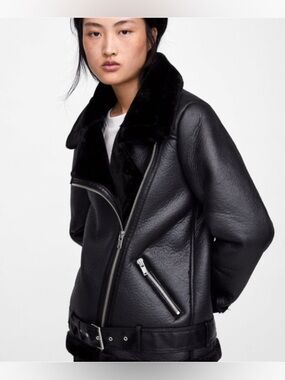 Zara Black Shearling Faux Leather Jacket